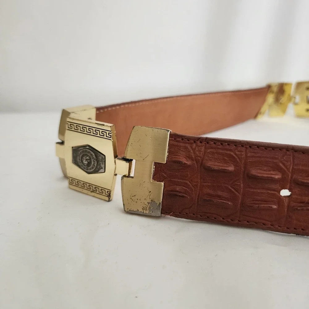 Veretta Leather Belt 42 Western Mexico Caiman Embossed Metal Hinge Lion Brown